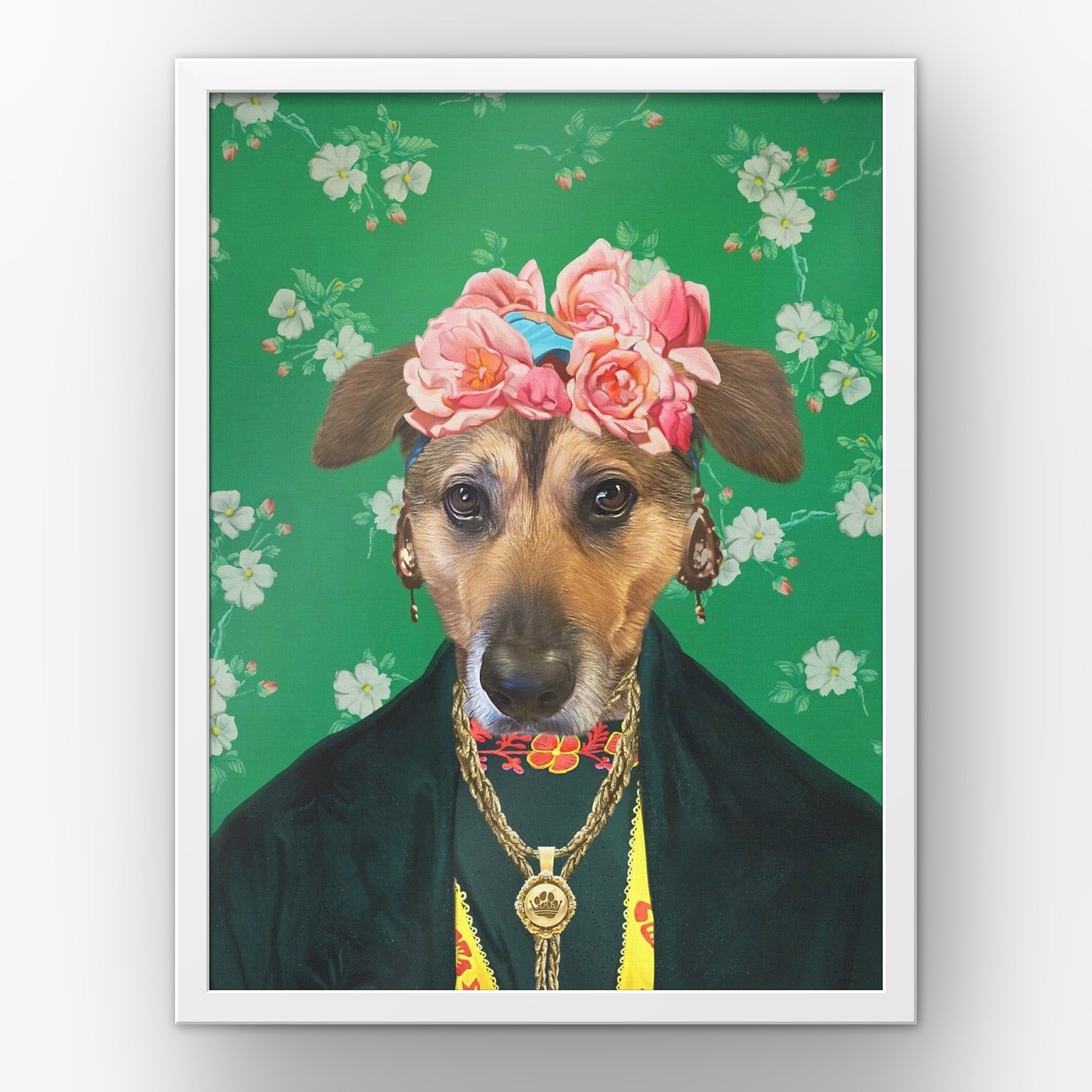 The Frida Kahlo custom pet poster in a white frame