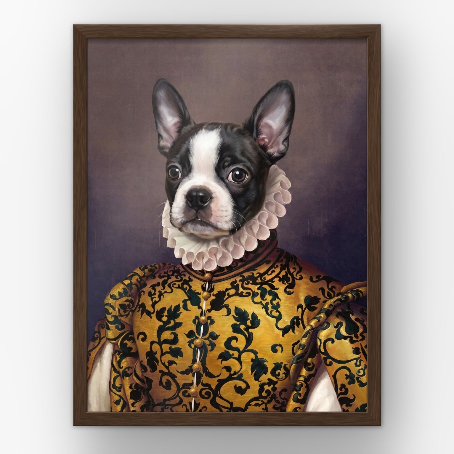 The Golden Queen custom pet poster in a walnut frame