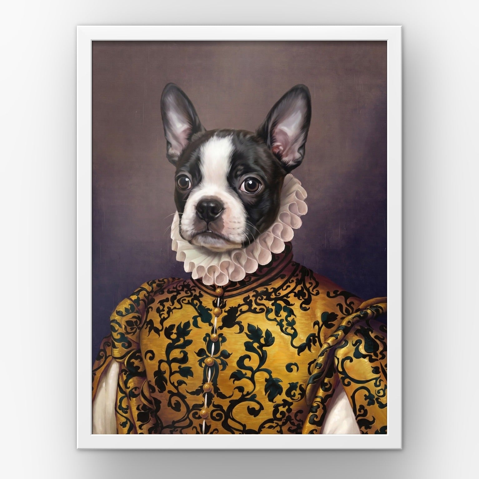 The Golden Queen custom pet poster in a white frame