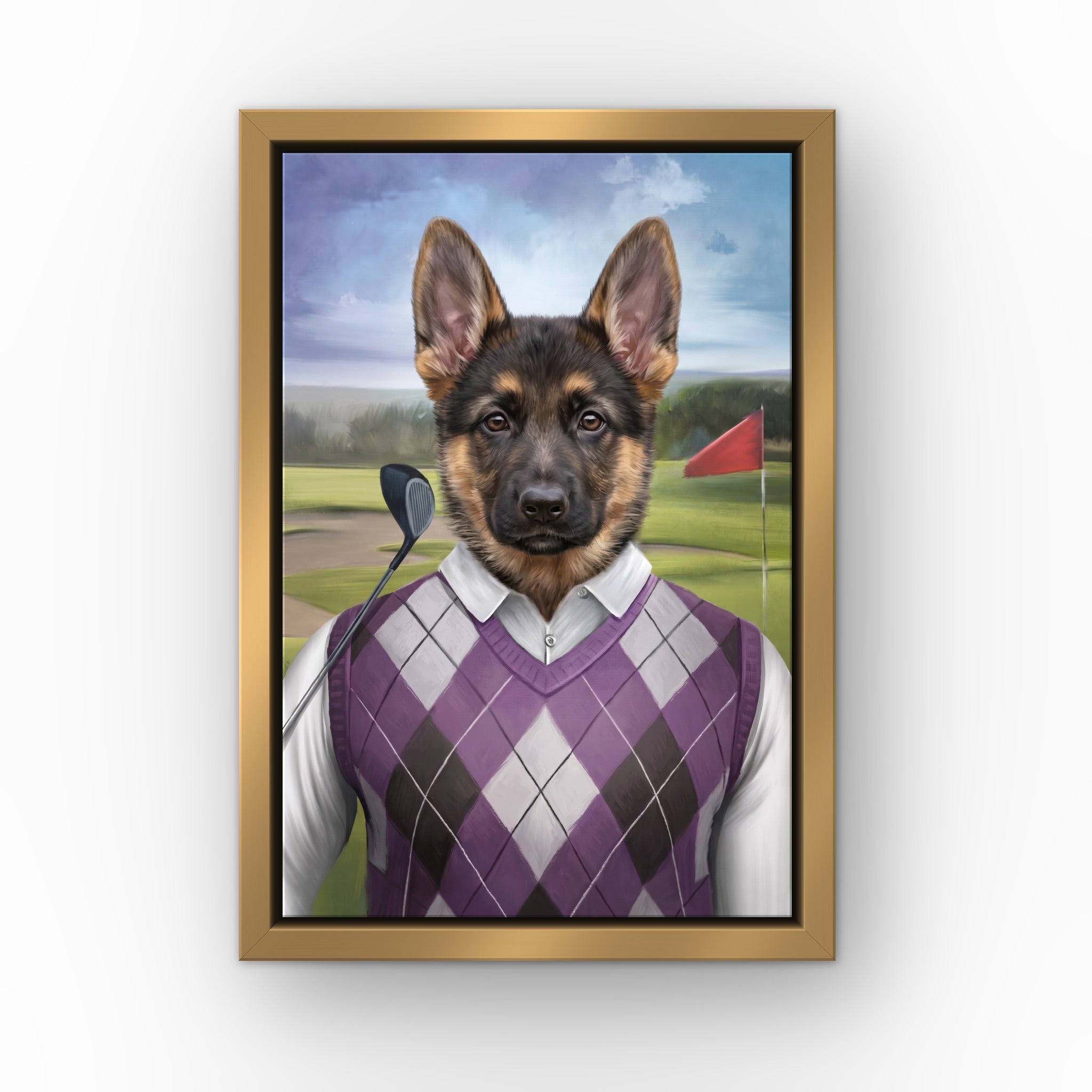 The Golfer custom pet canvas in a gold floating frame