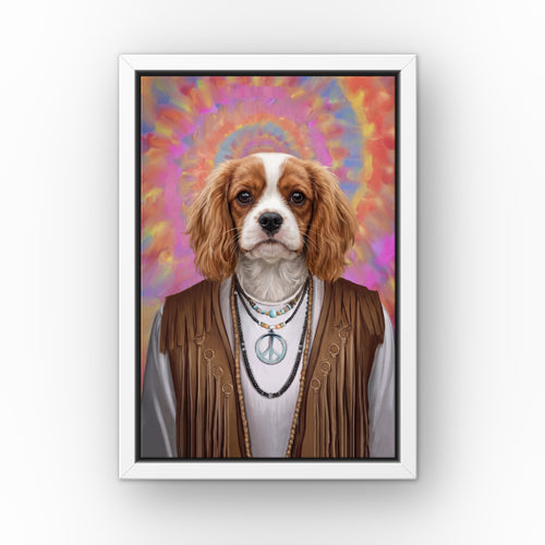 The Hippie custom pet canvas in a white floating frame