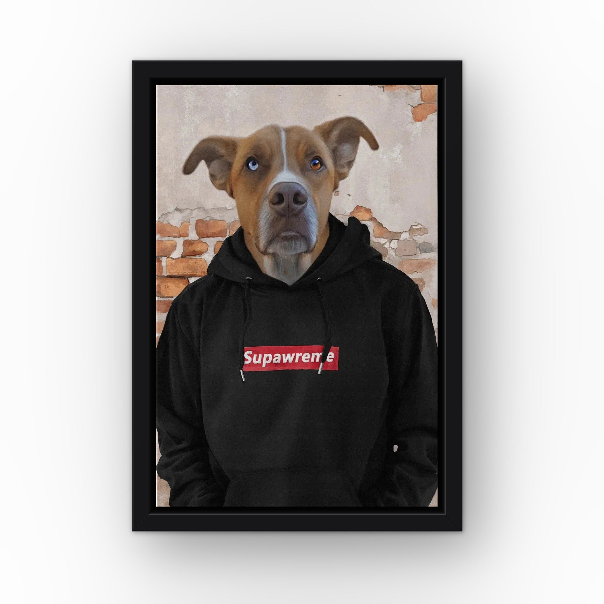 The Hypebeast (black) custom pet canvas in a black floating frame