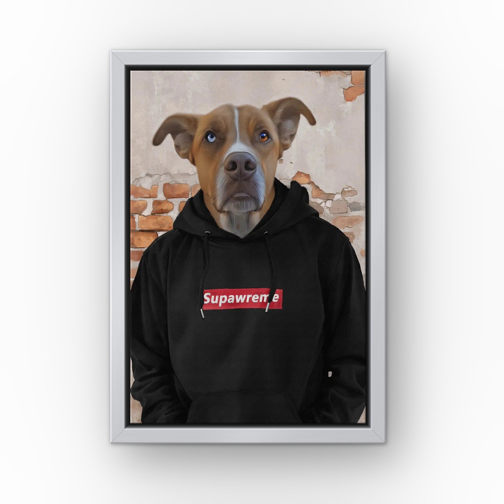 The Hypebeast (black) custom pet canvas in a silver floating frame