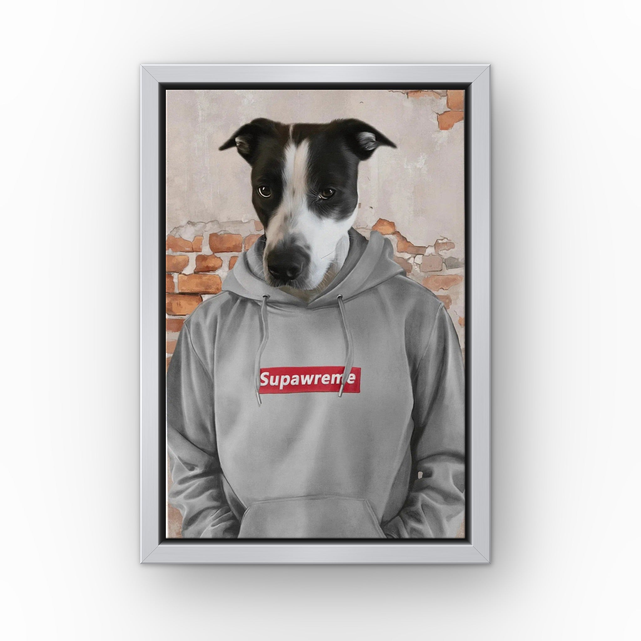 The Hypebeast (grey) custom pet canvas in a silver floating frame