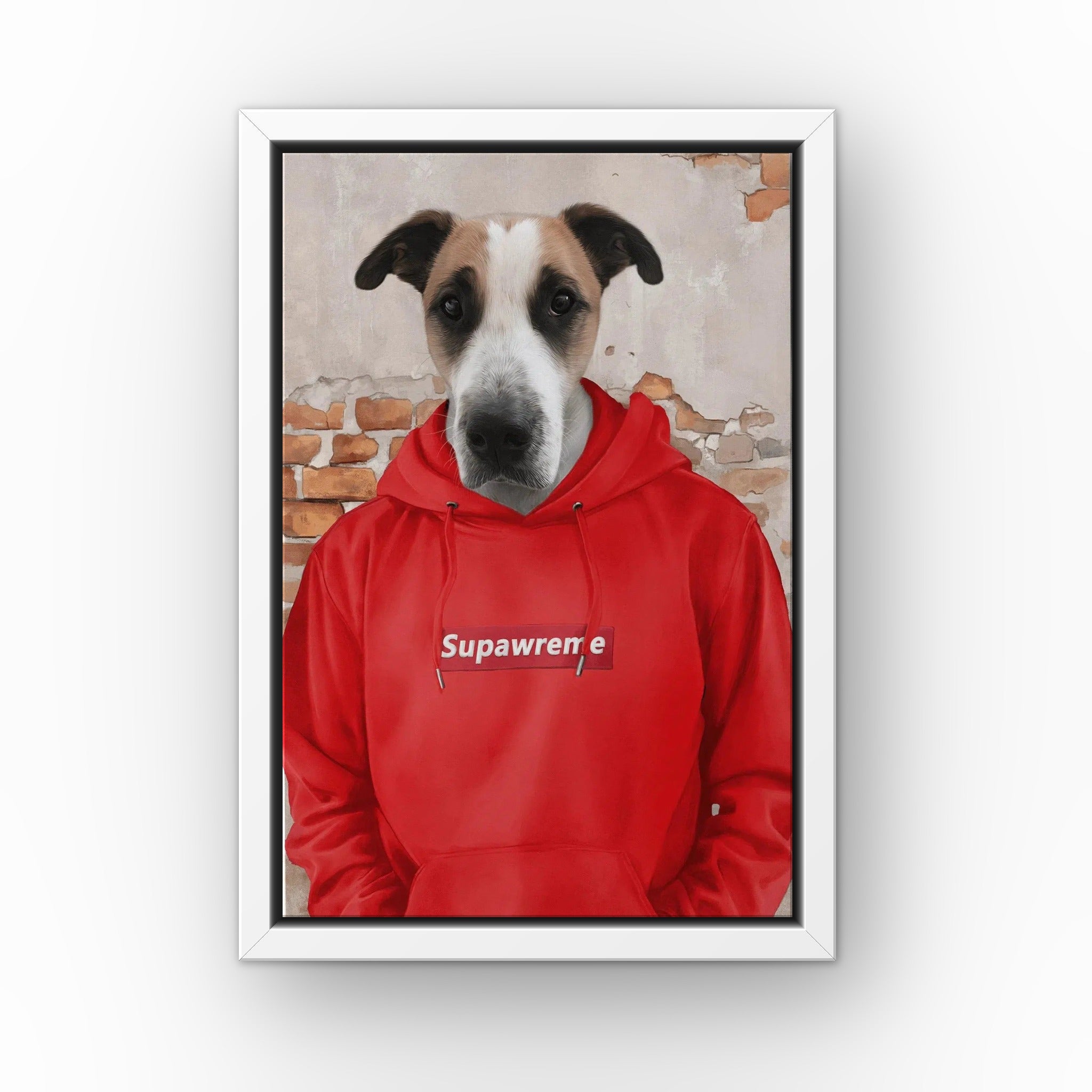The Hypebeast (red) custom pet canvas in a white floating frame