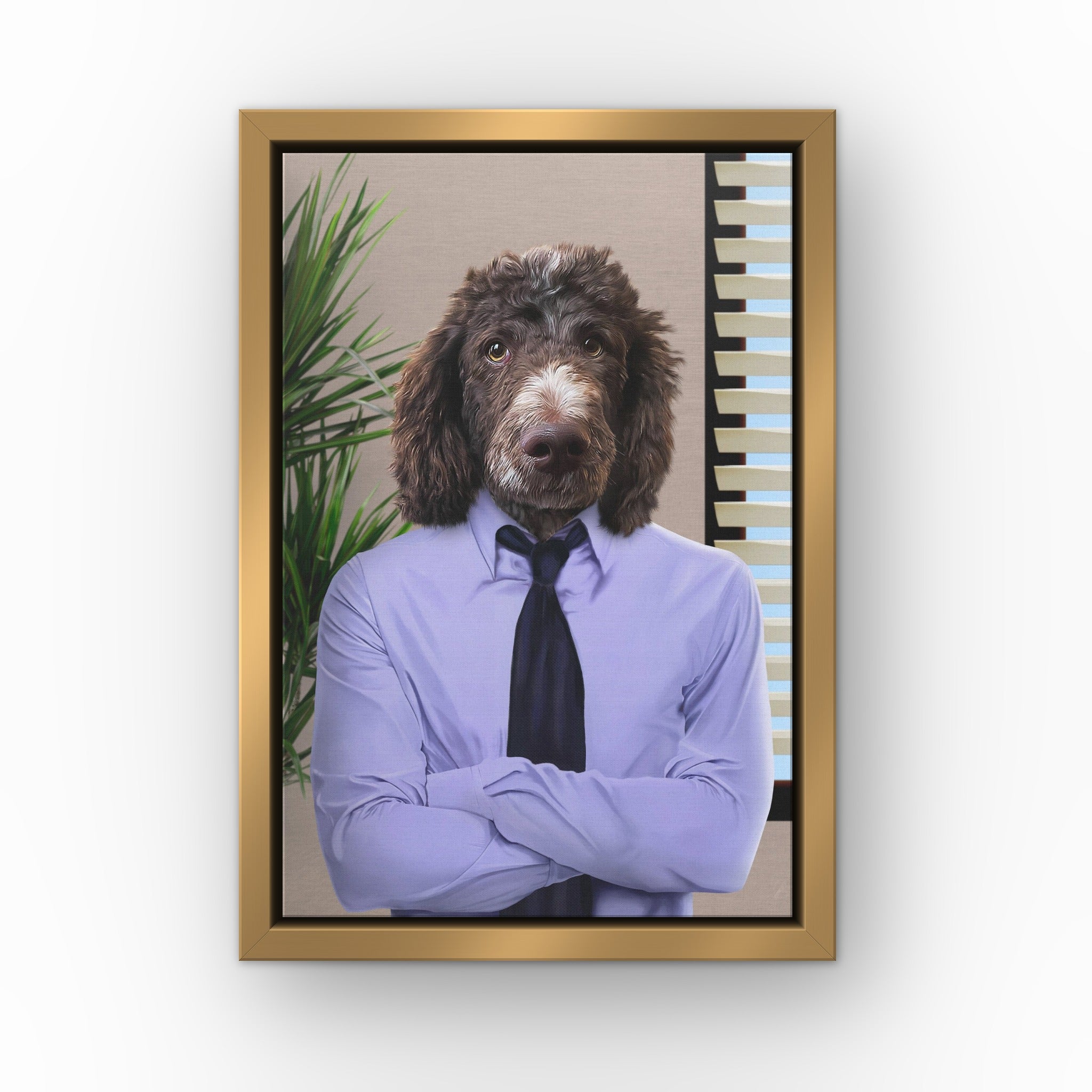 The Jim custom pet canvas in a gold floating frame
