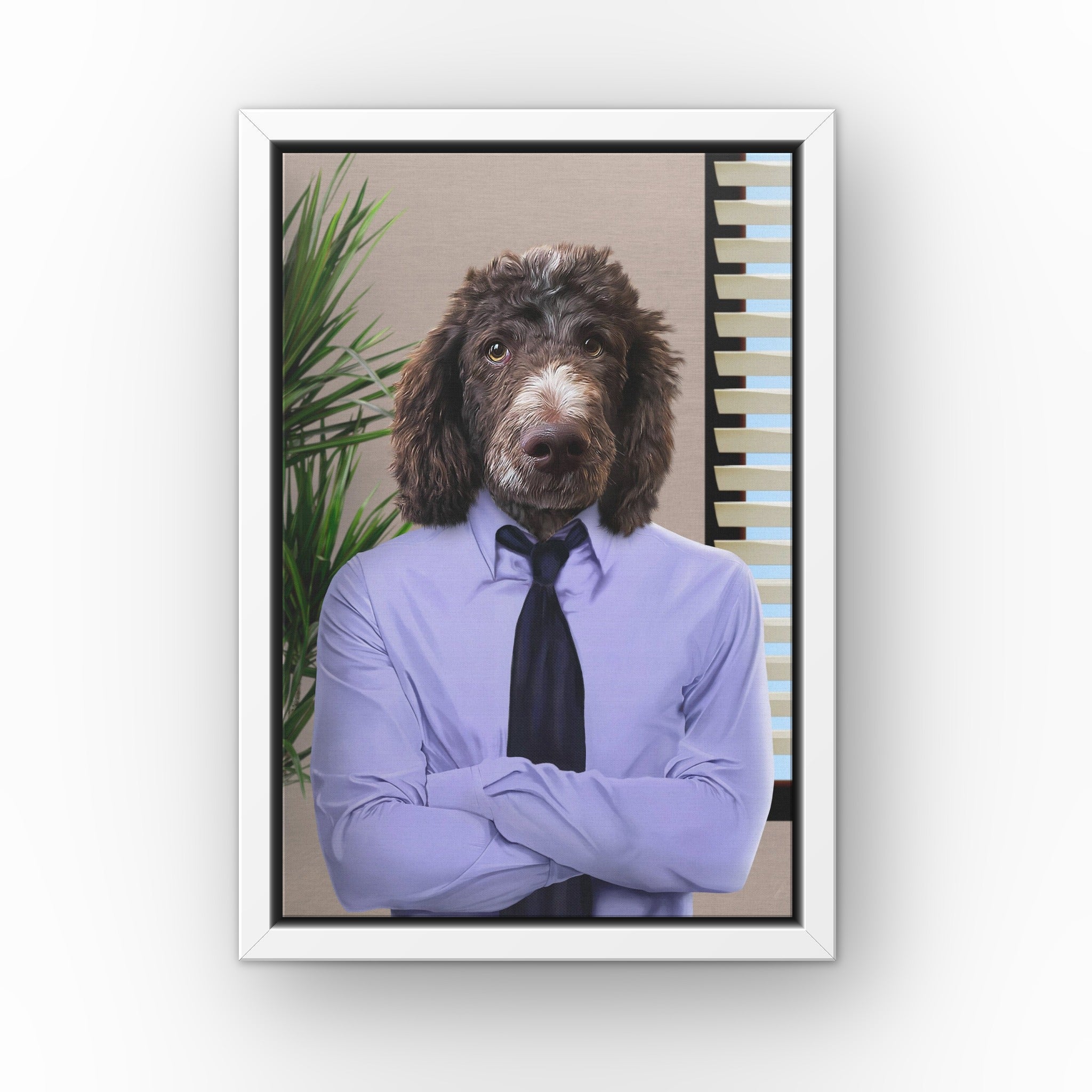The Jim custom pet canvas in a white floating frame