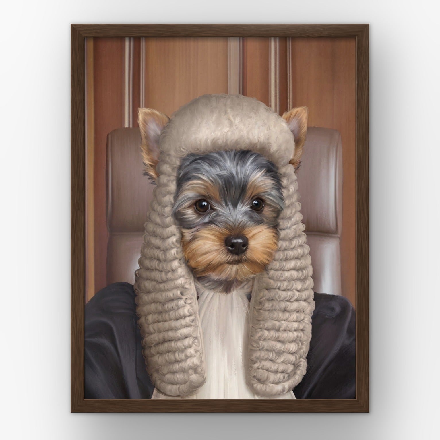 The Judge custom pet poster in a walnut frame