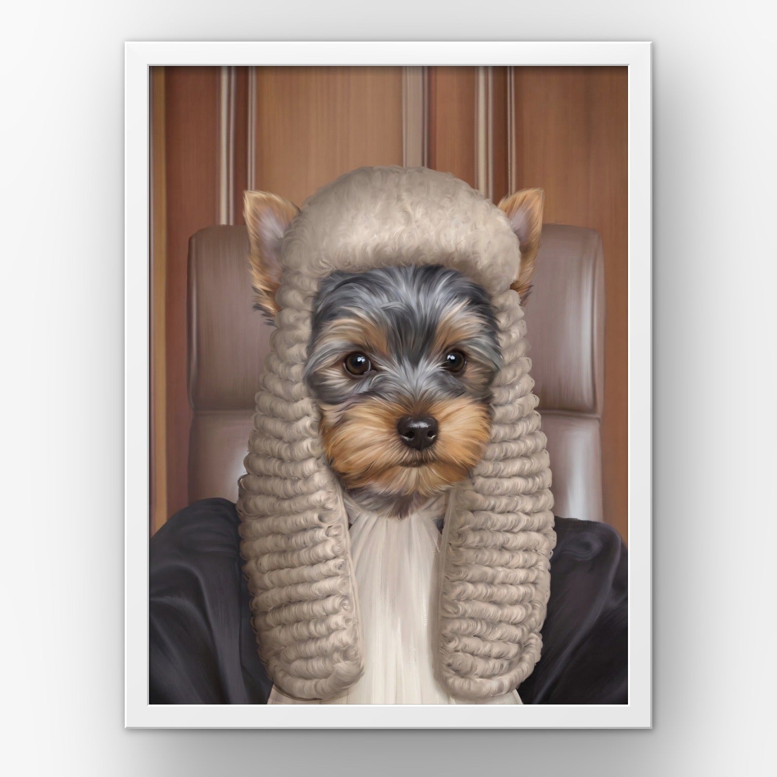 The Judge custom pet poster in a white frame