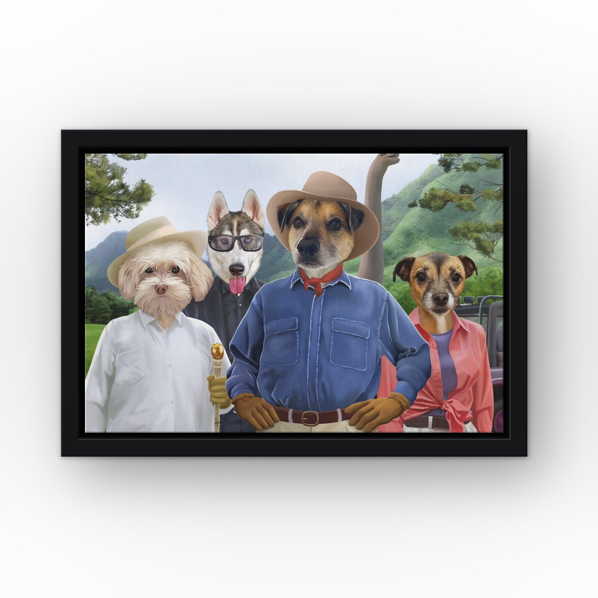 The Jurassic Explorers custom pet canvas in a black floating frame