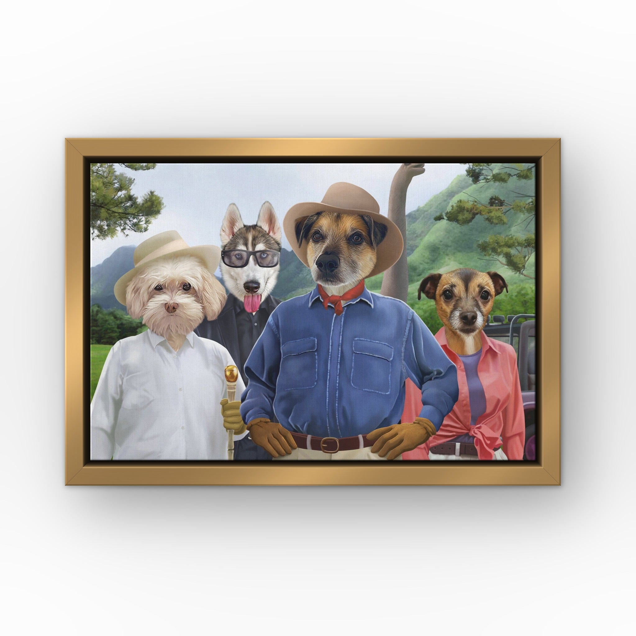 The Jurassic Explorers custom pet canvas in a gold floating frame