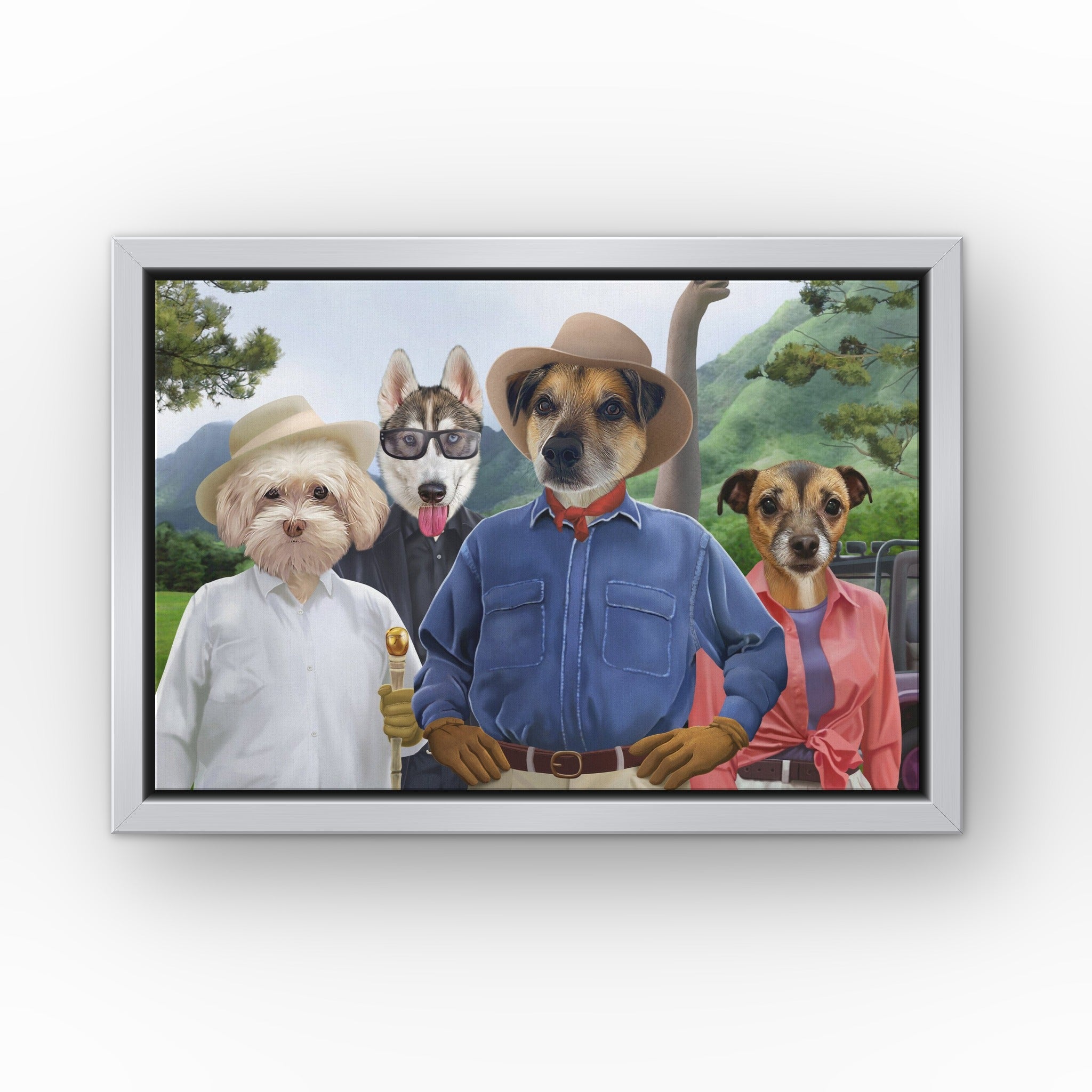 The Jurassic Explorers custom pet canvas in a silver floating frame