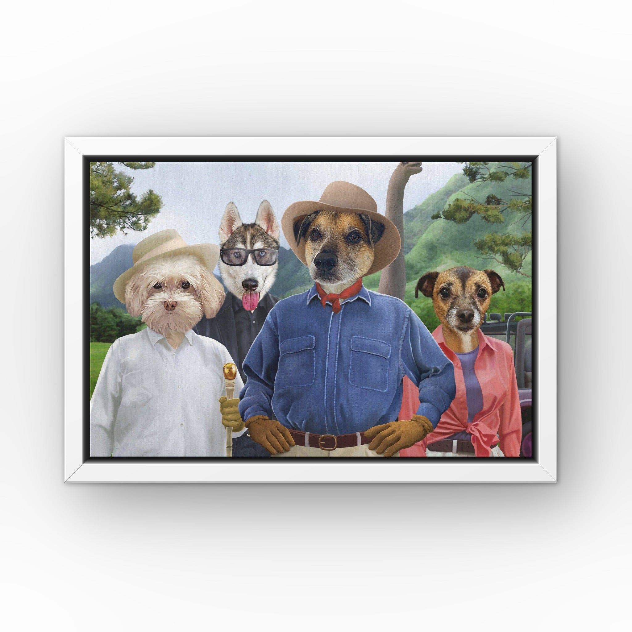 The Jurassic Explorers custom pet canvas in a white floating frame