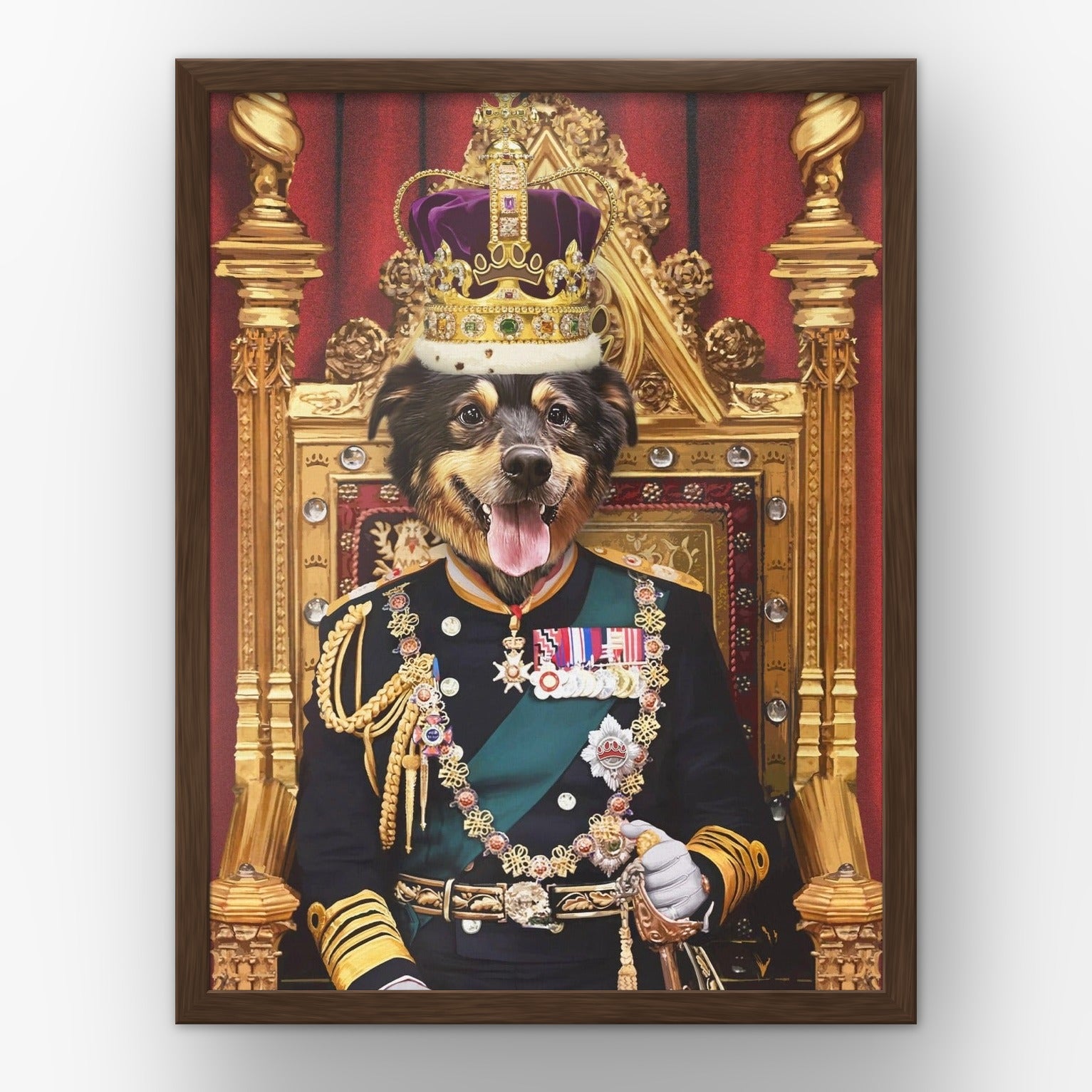 The King custom pet poster in a walnut frame