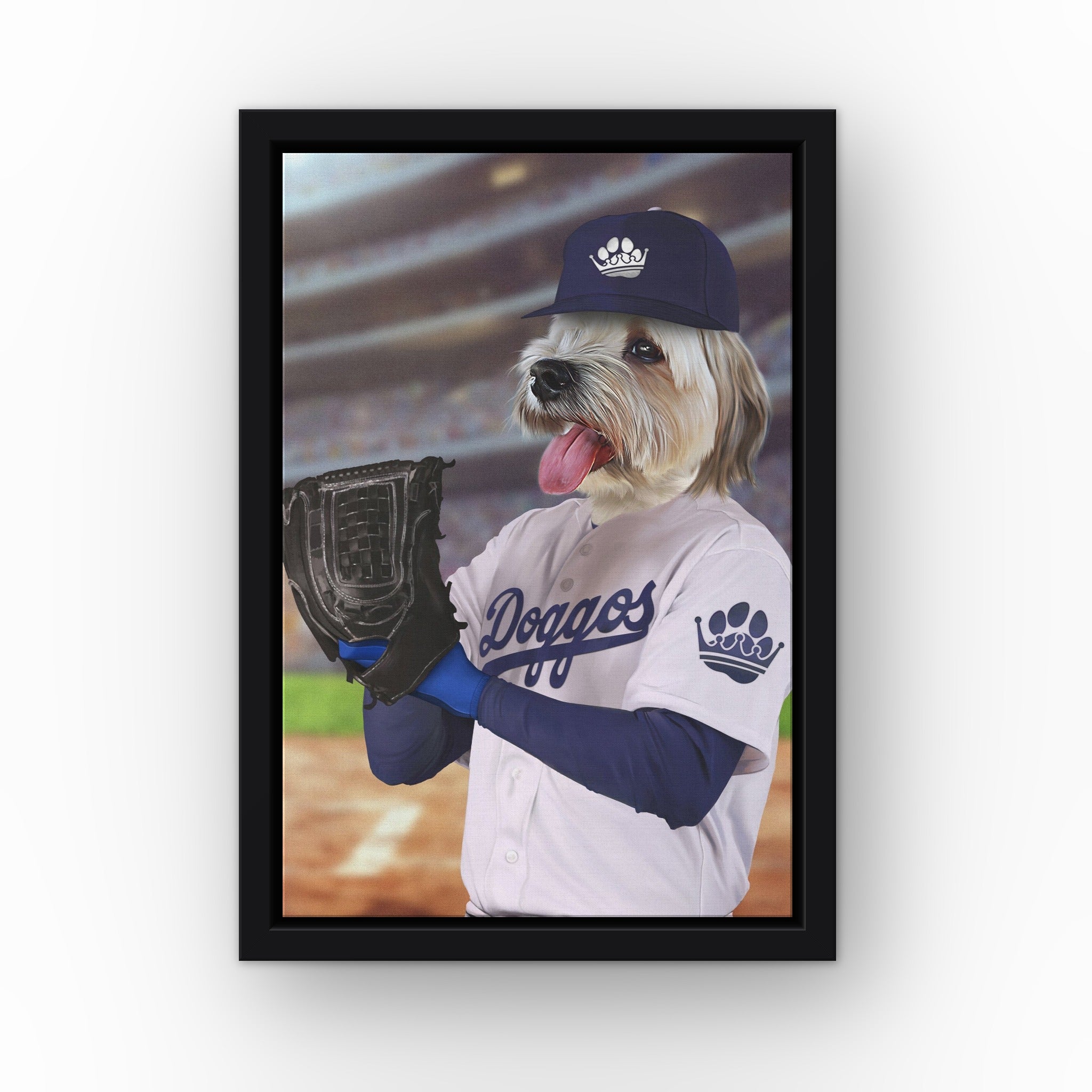 The LA Doggos custom pet canvas in a black floating frame