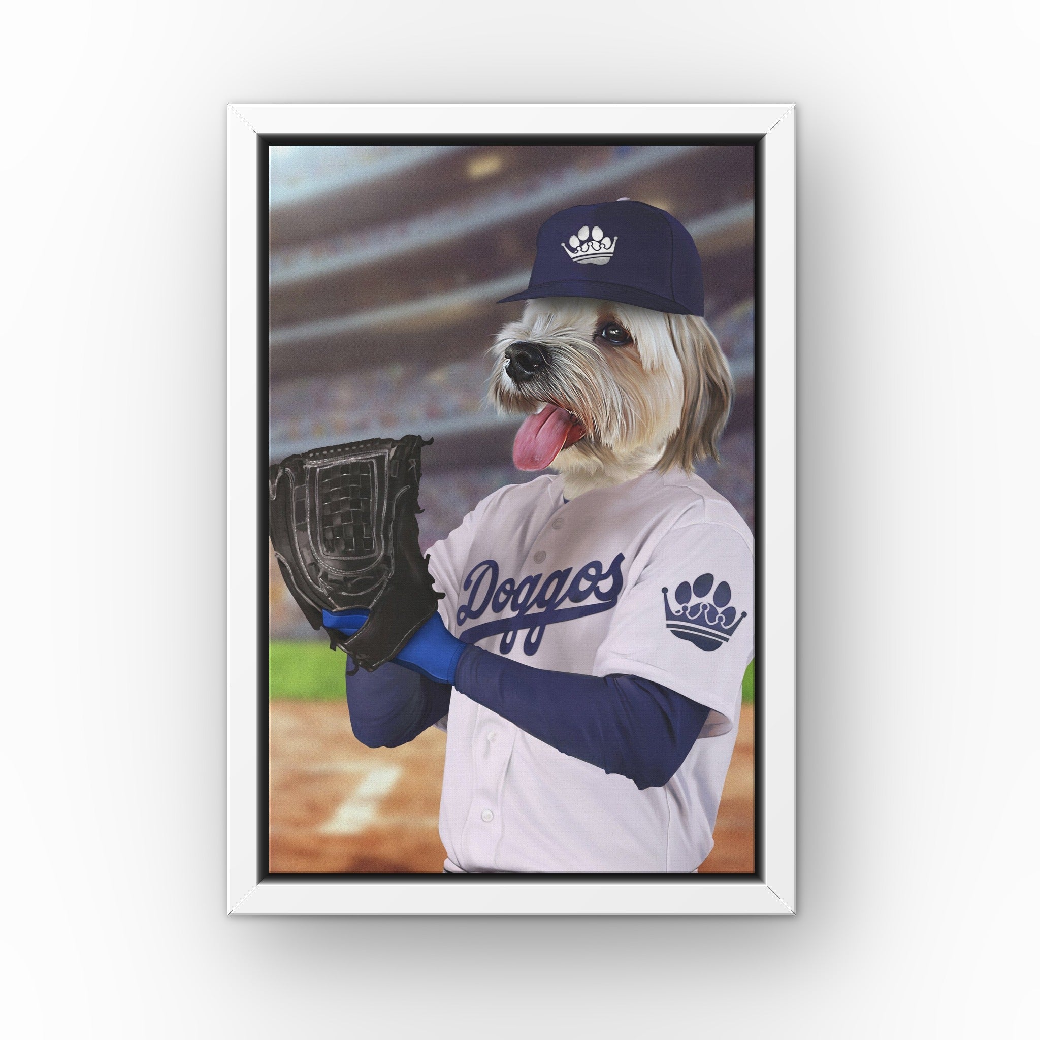 The LA Doggos custom pet canvas in a white floating frame