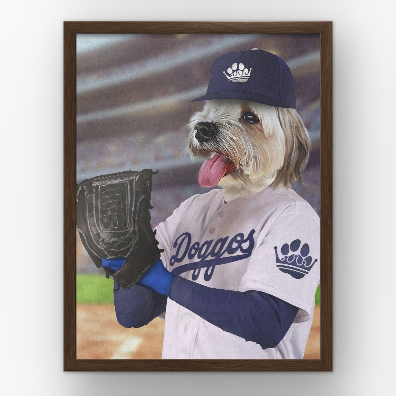 The LA Doggos custom pet poster in a walnut frame