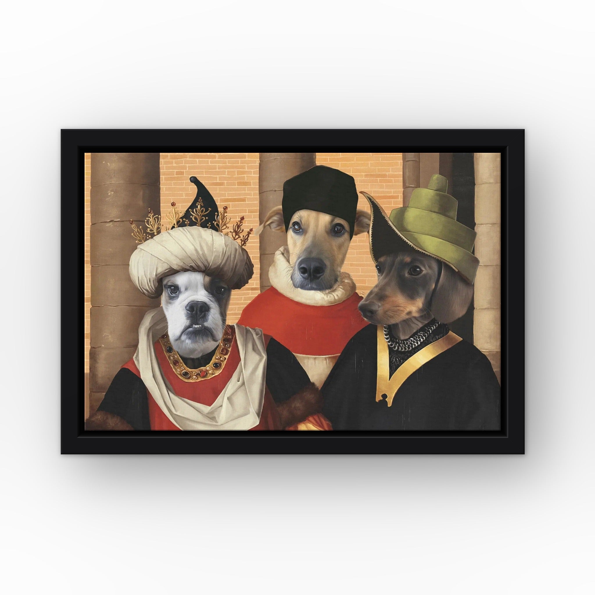 The Merchants custom pet canvas in a black floating frame