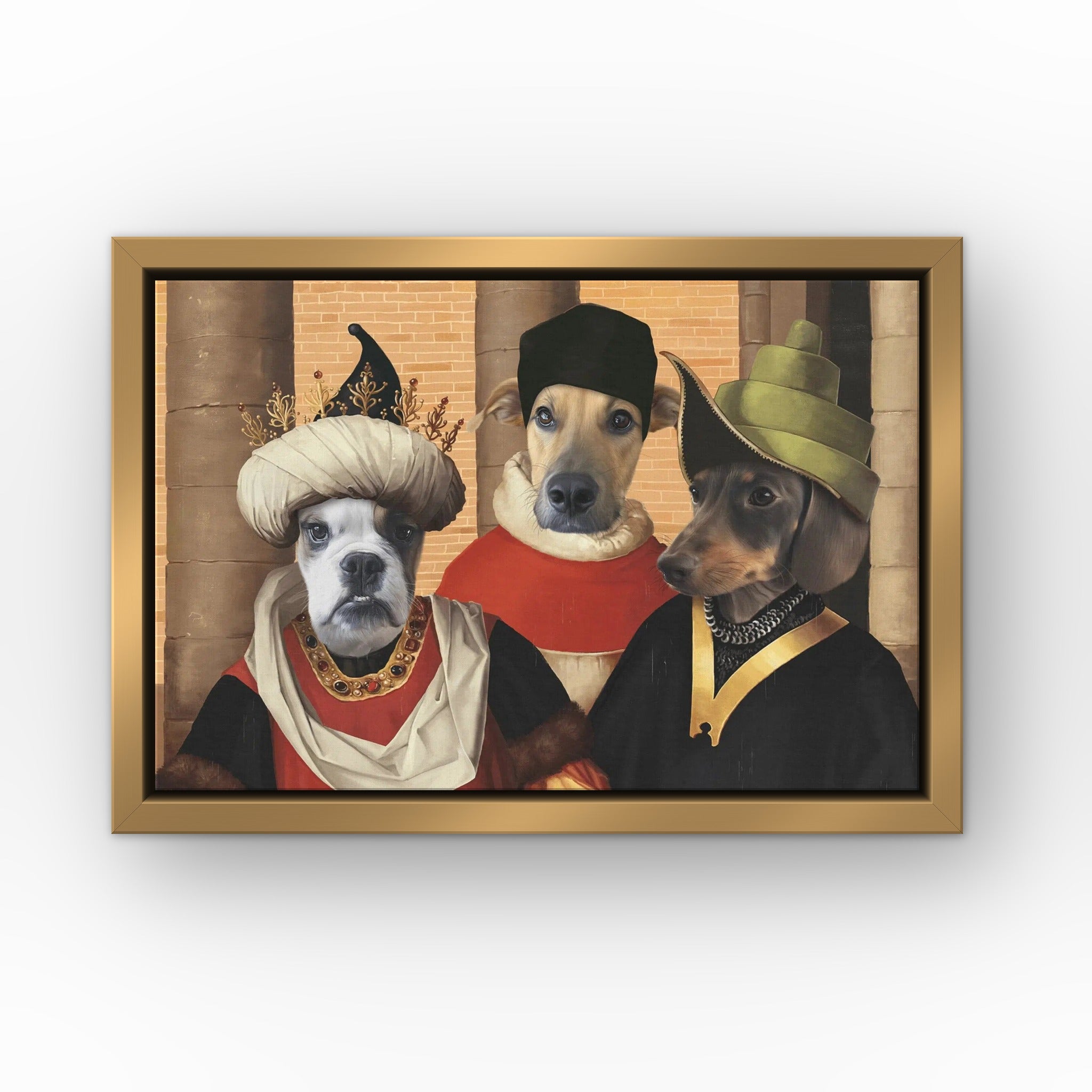 The Merchants custom pet canvas in a gold floating frame
