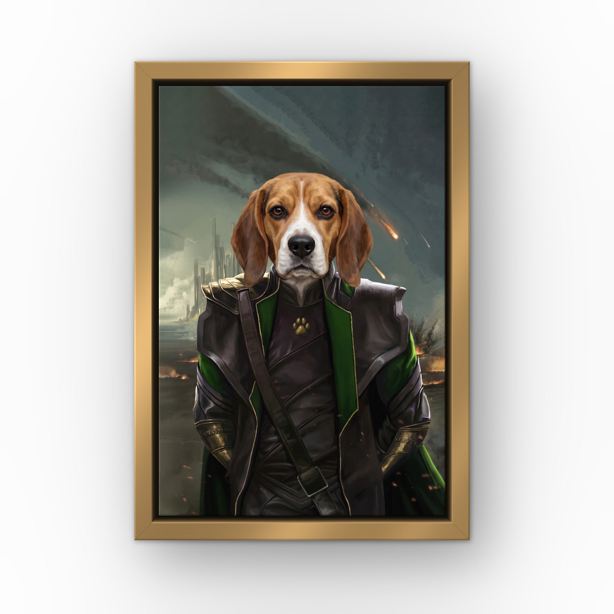 The Mischief God custom pet canvas in a gold floating frame