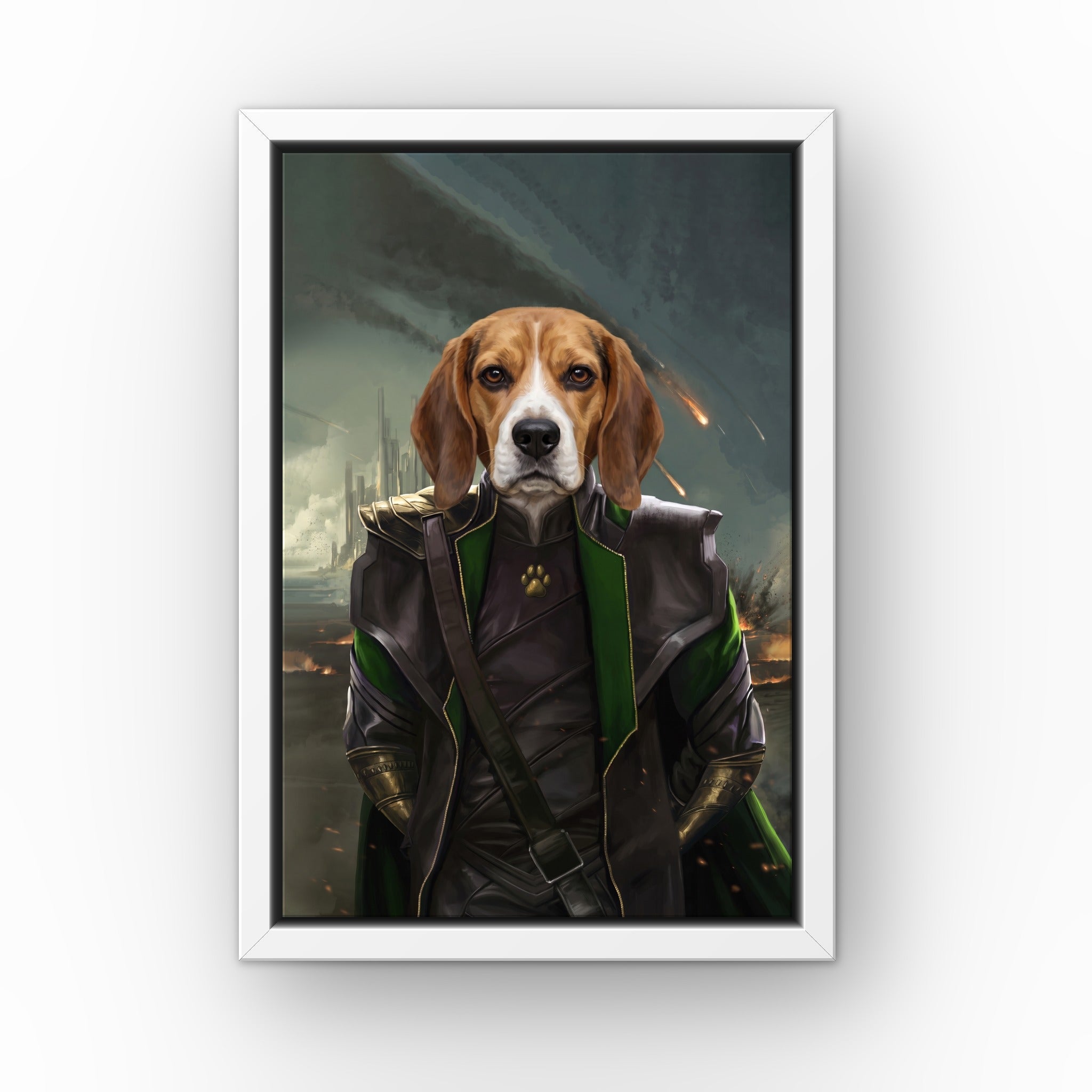 The Mischief God custom pet canvas in a white floating frame