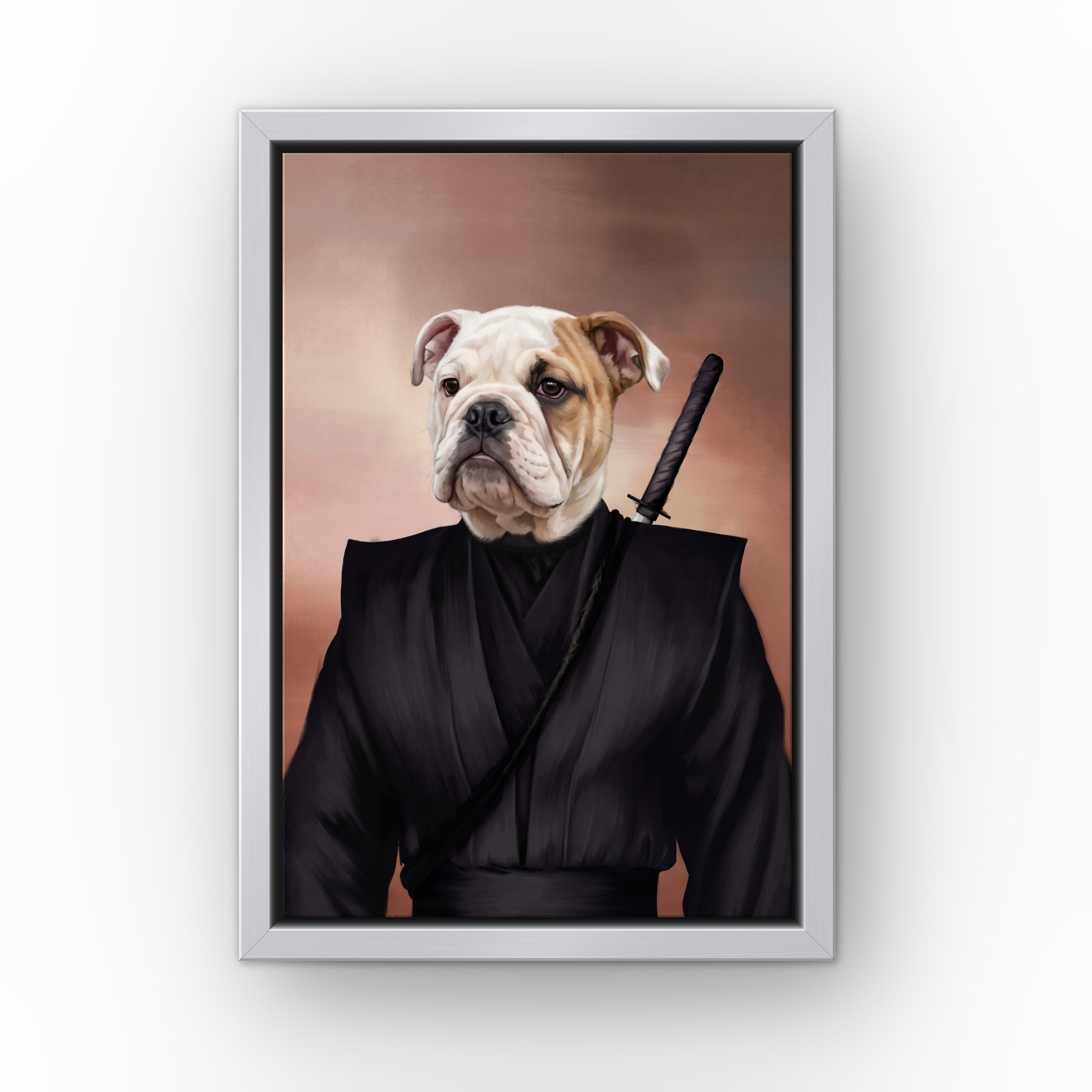 The Ninja custom pet canvas in a silver floating frame