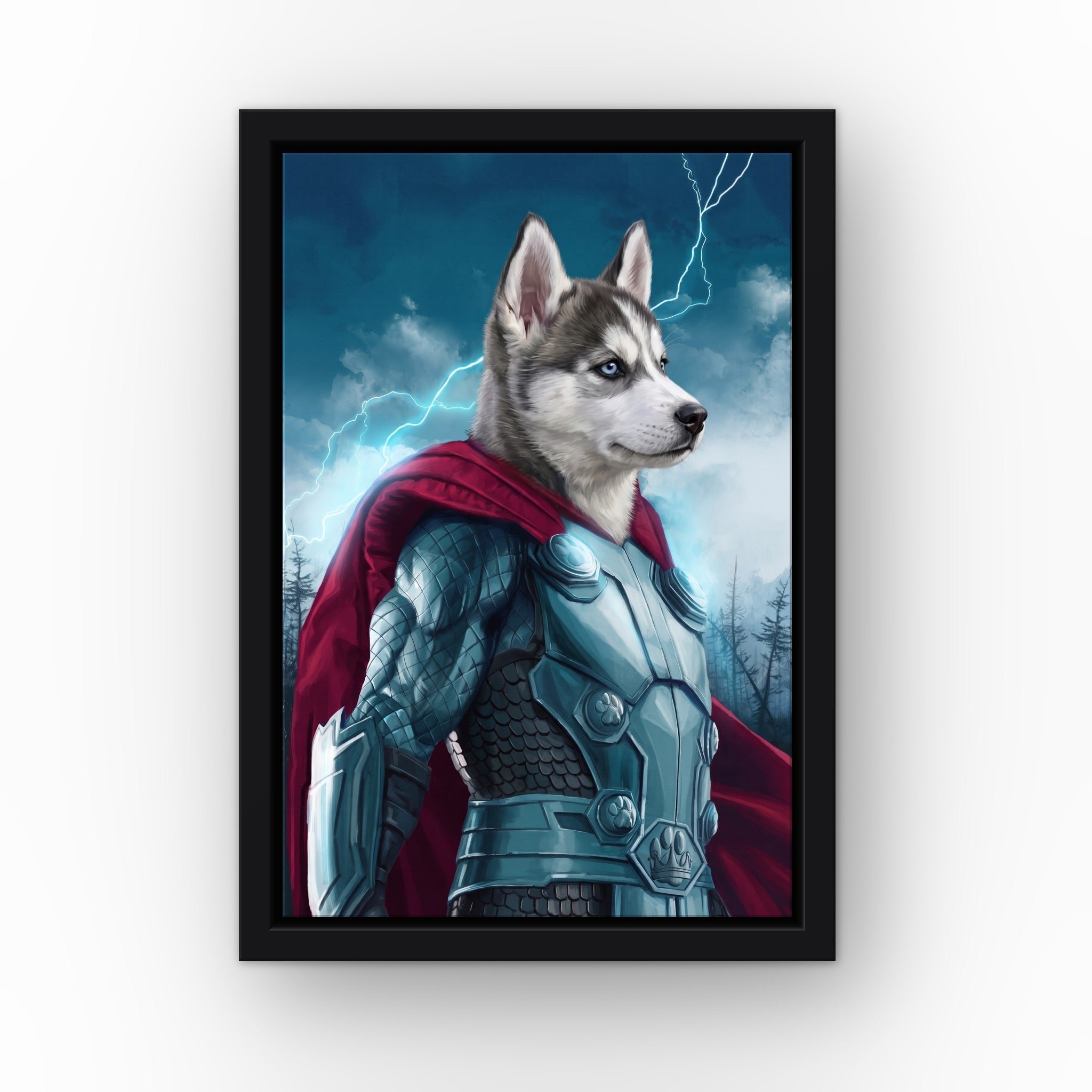 The Norse Hero custom pet canvas in a black floating frame