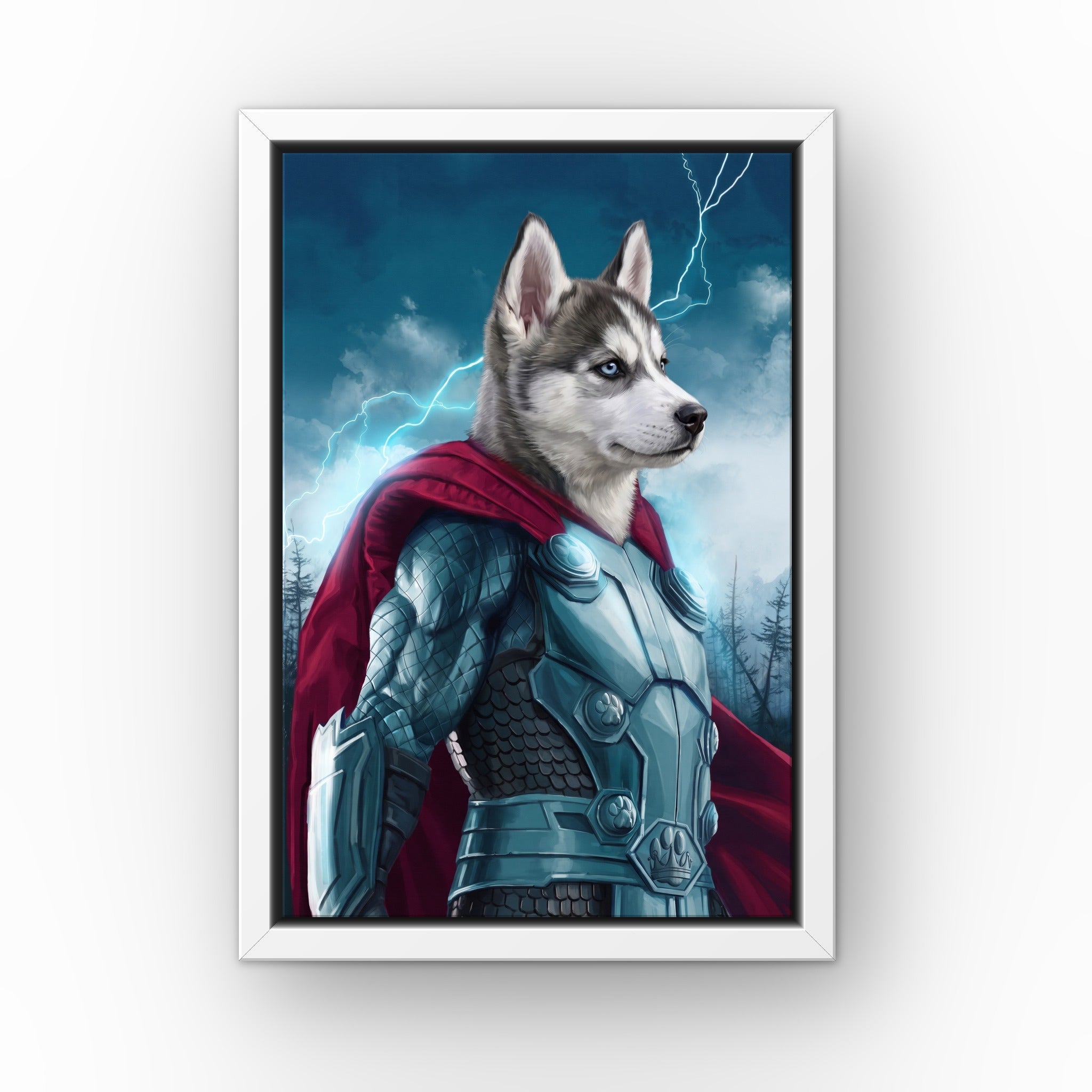 The Norse Hero custom pet canvas in a white floating frame