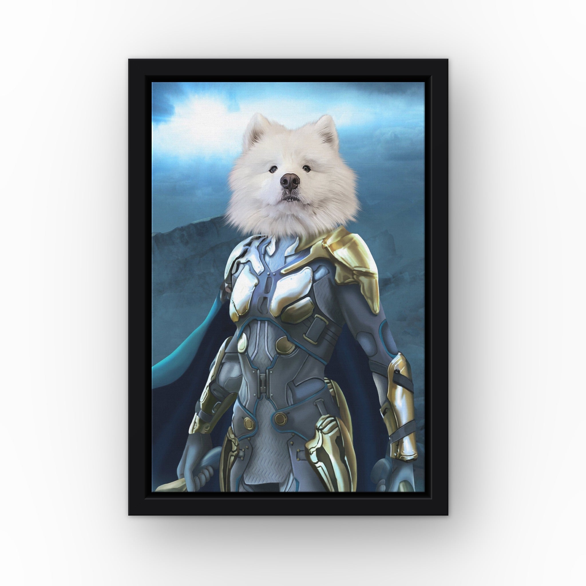 The Norse Warrior custom pet canvas in a black floating frame