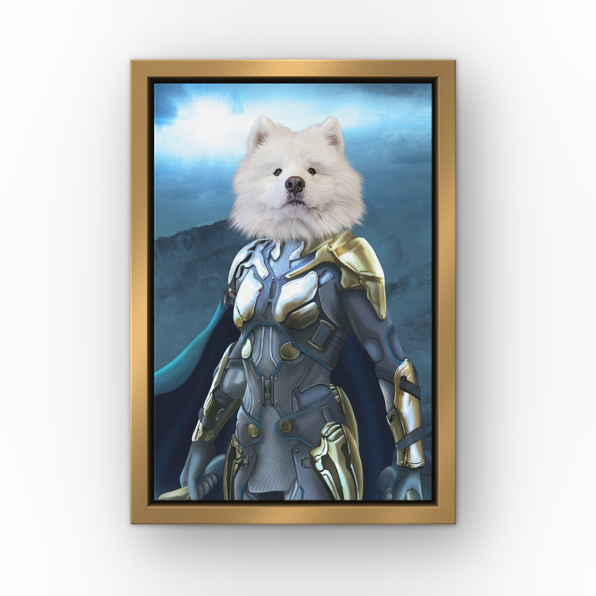 The Norse Warrior custom pet canvas in a gold floating frame