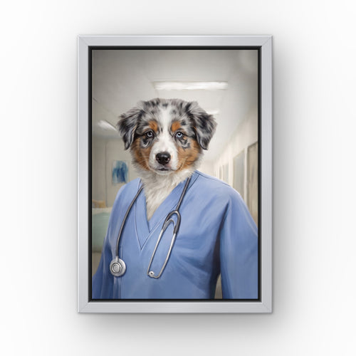 The Nurse custom pet canvas in a silver floating frame