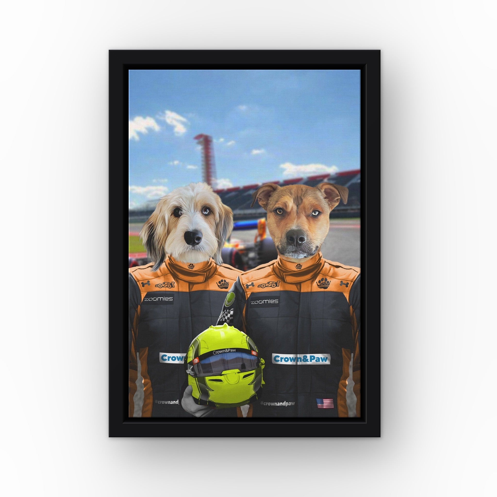 The Orange Drivers custom pet canvas in a black floating frame