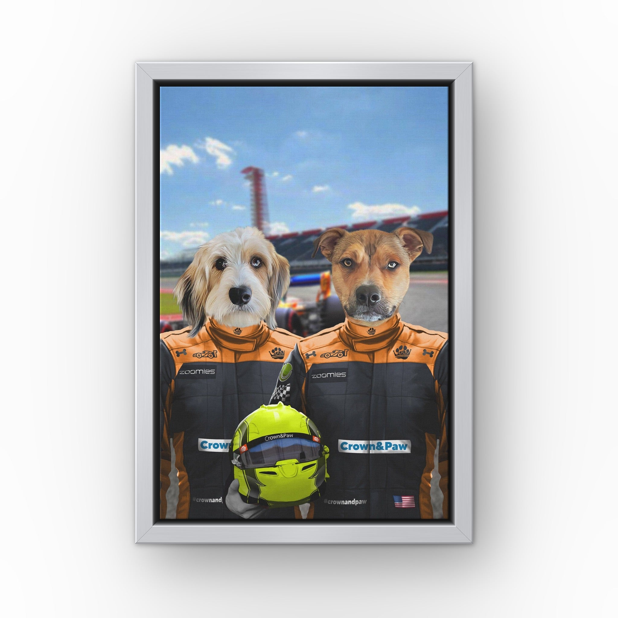 The Orange Drivers custom pet canvas in a silver floating frame