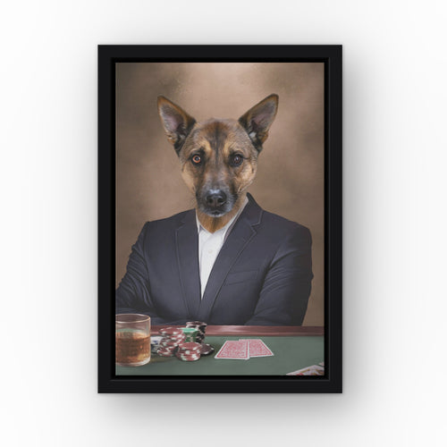 The Poker Player custom pet canvas in a black floating frame