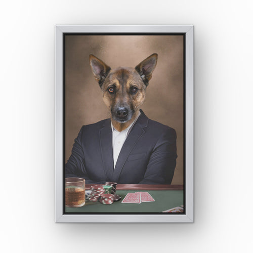 The Poker Player custom pet canvas in a silver floating frame