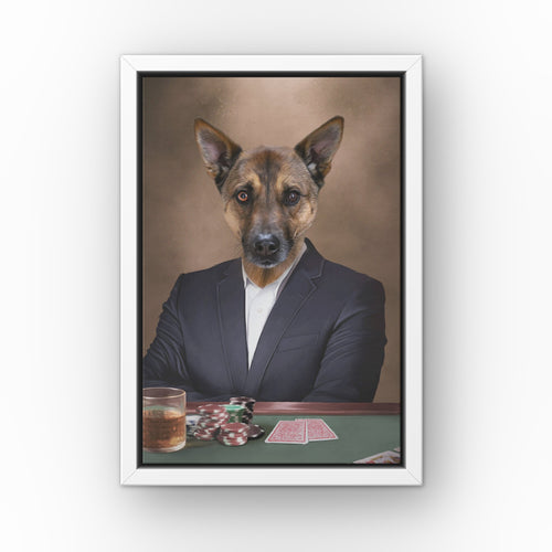 The Poker Player custom pet canvas in a white floating frame