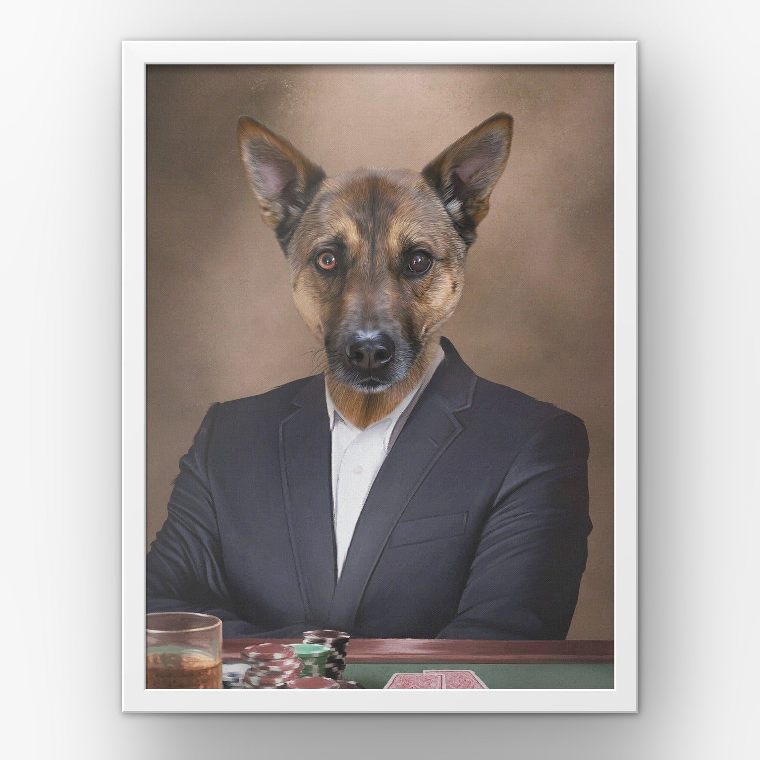 The Poker Player custom pet poster in a white frame