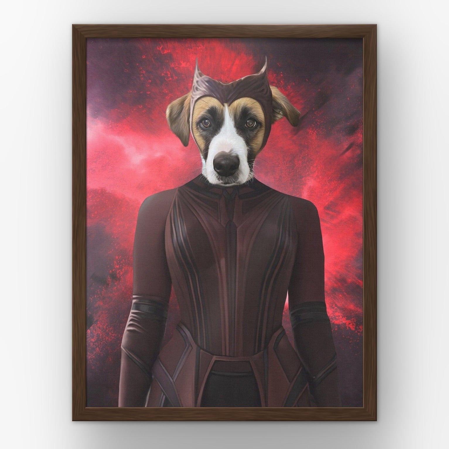 The Red Witch custom pet poster in a walnut frame