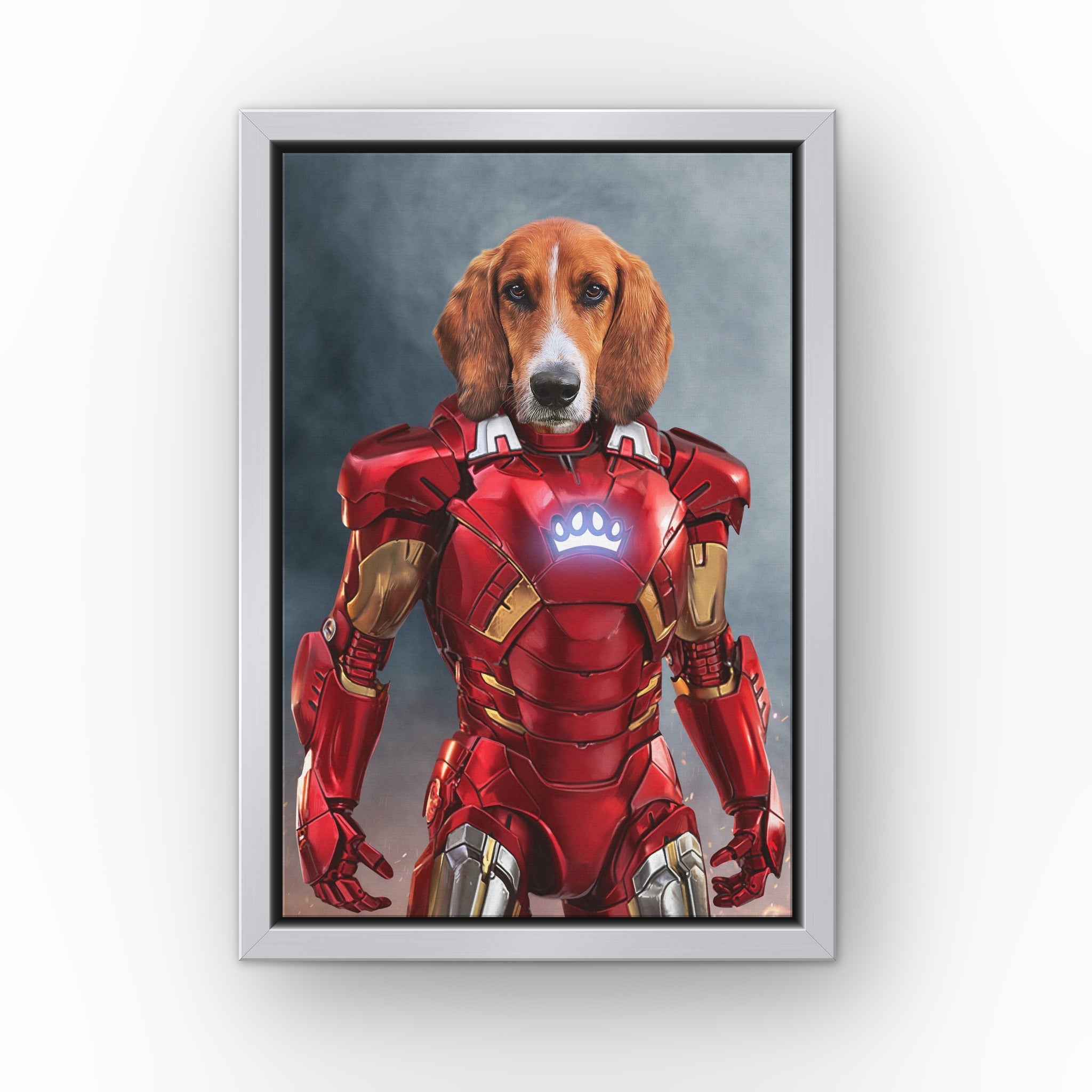 The Rich Hero custom pet canvas in a silver floating frame