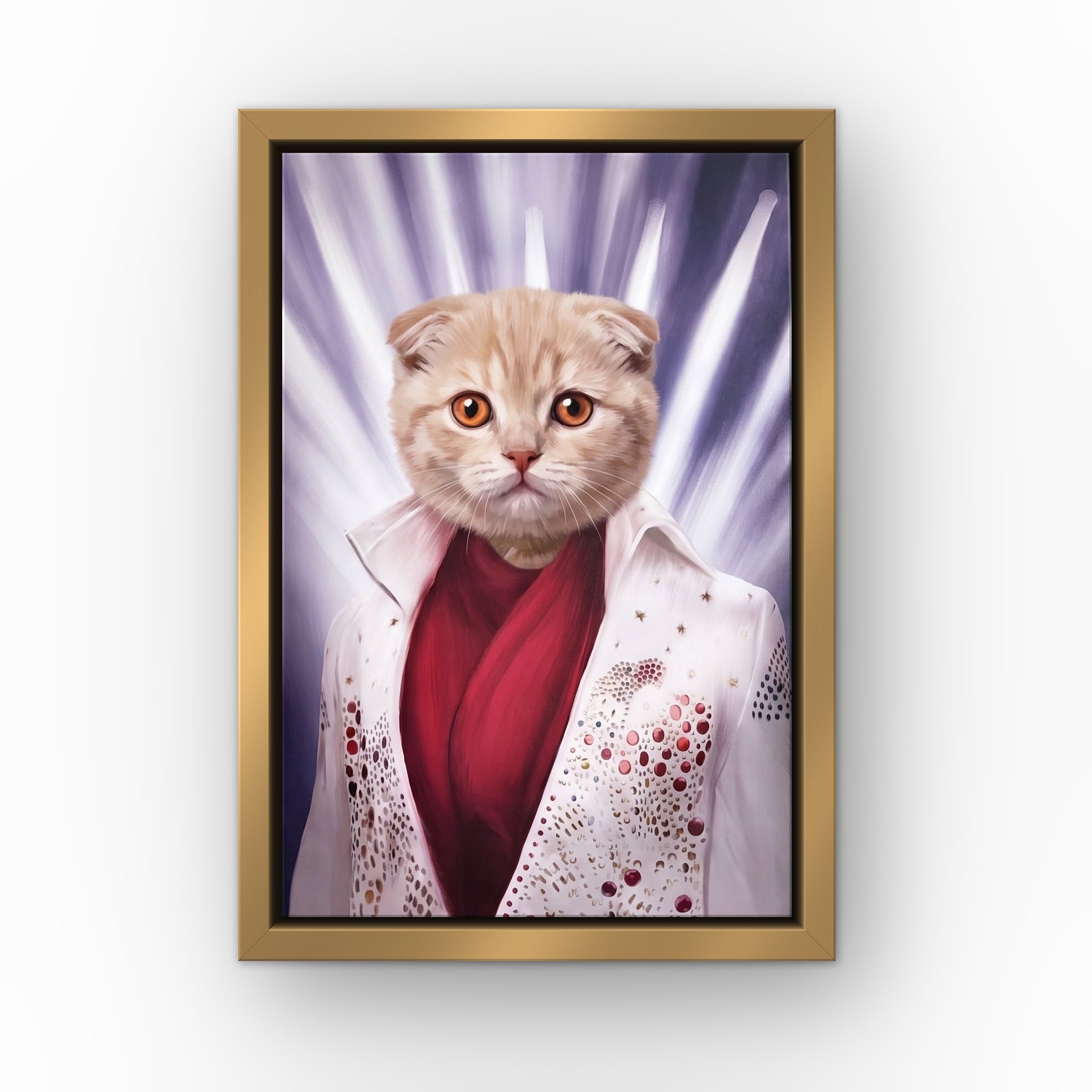 The Rock God custom pet canvas in a gold floating frame
