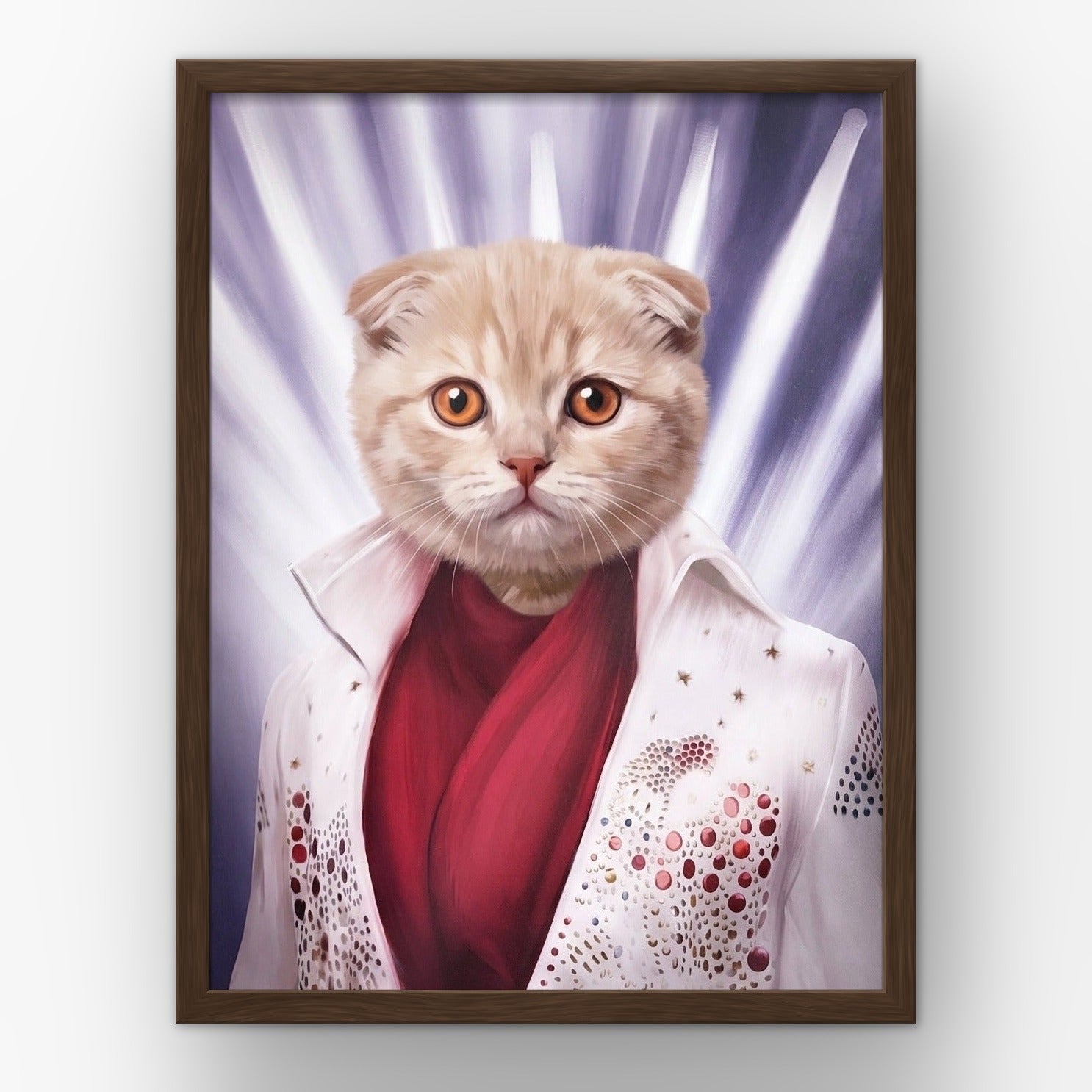 The Rock God custom pet poster in a walnut frame