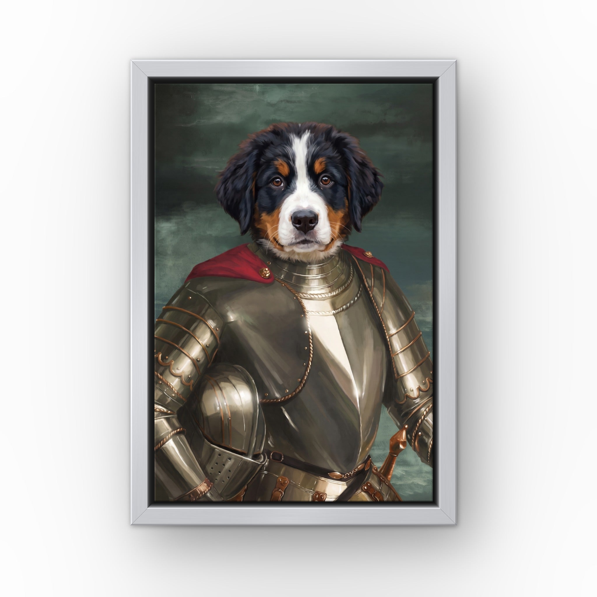 The Royal Knight custom pet canvas in a silver floating frame
