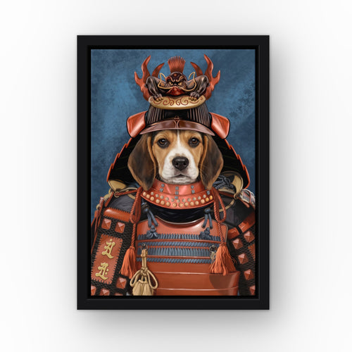 The Samurai custom pet canvas in a black floating frame
