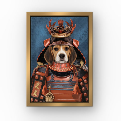 The Samurai custom pet canvas in a gold floating frame