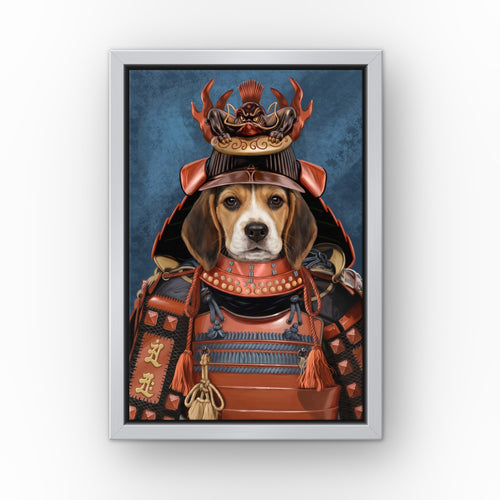The Samurai custom pet canvas in a silver floating frame