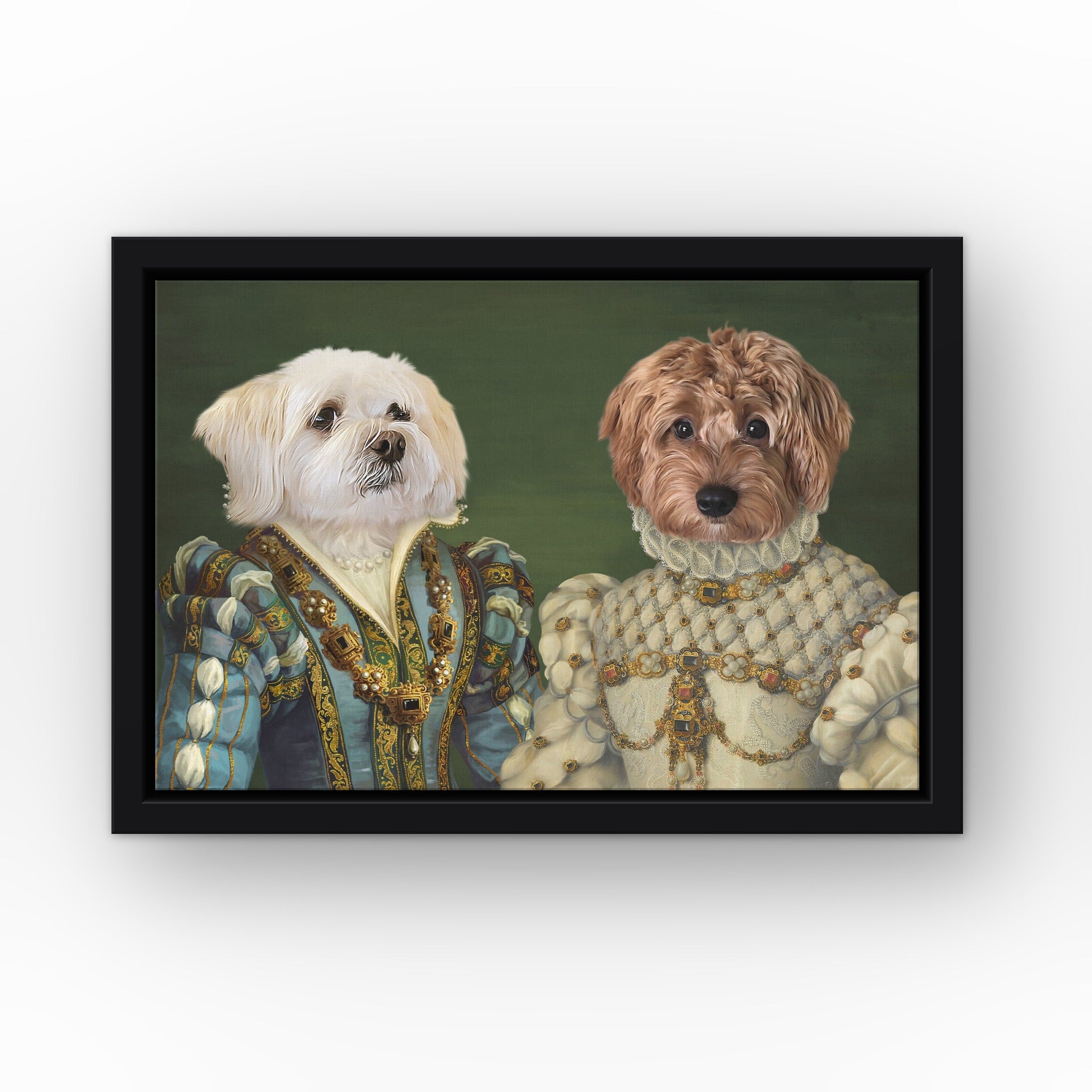 The Sapphire Queen and Princess custom pet canvas in a black floating frame