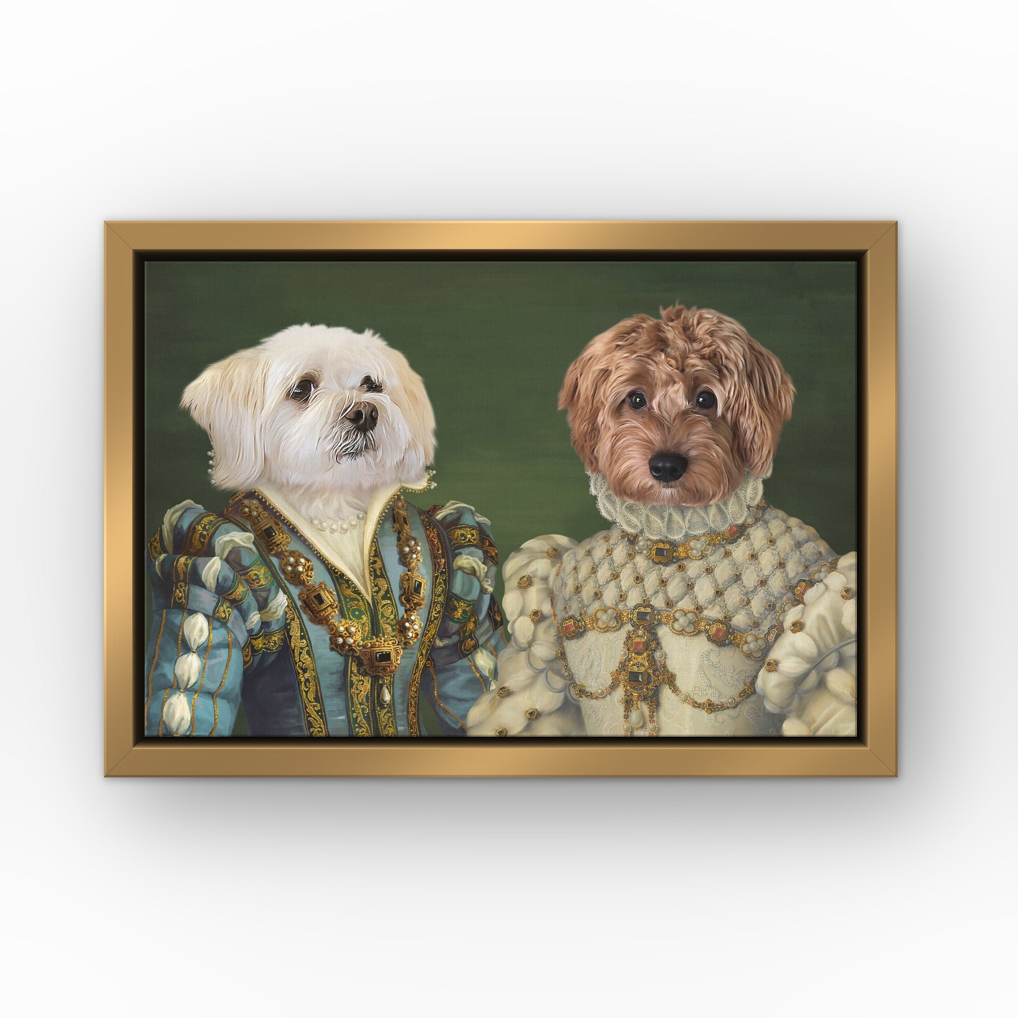The Sapphire Queen and Princess custom pet canvas in a gold floating frame