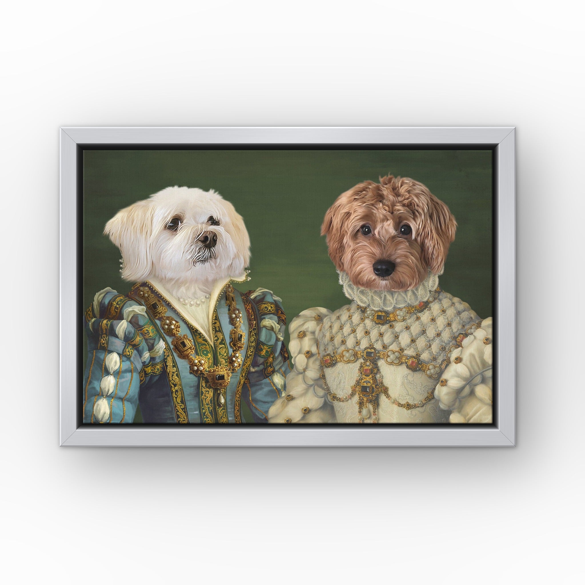The Sapphire Queen and Princess custom pet canvas in a silver floating frame