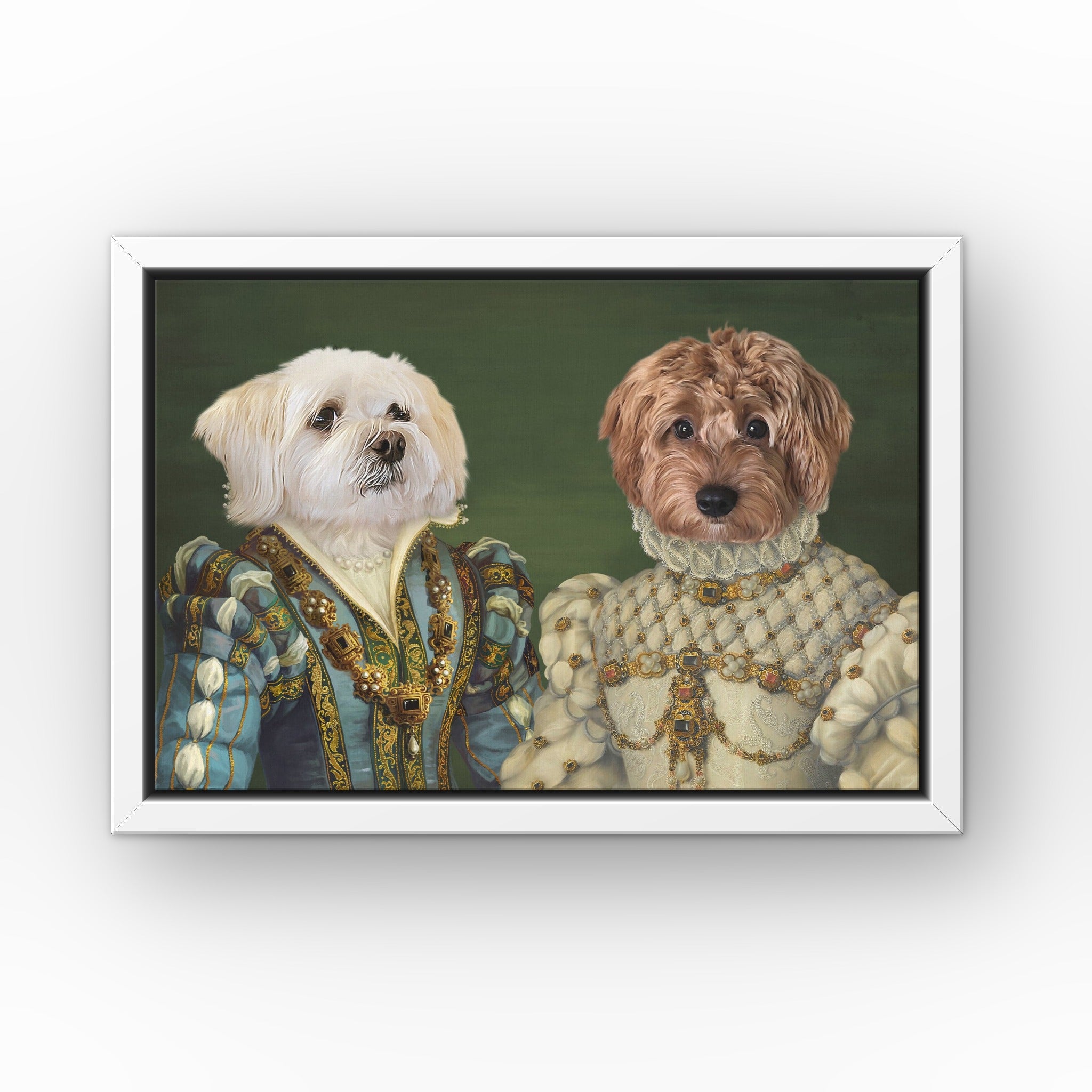 The Sapphire Queen and Princess custom pet canvas in a white floating frame