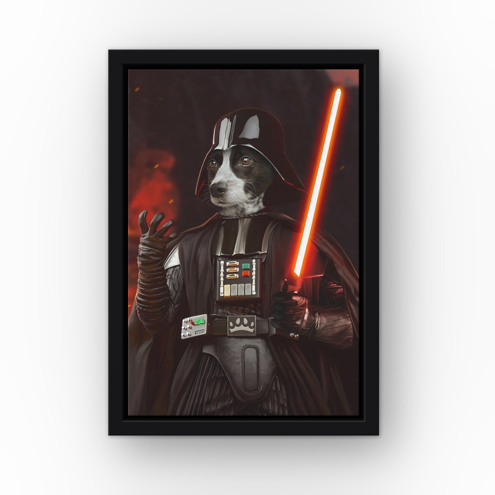 The Sci Fi Lord custom pet canvas in a black floating frame